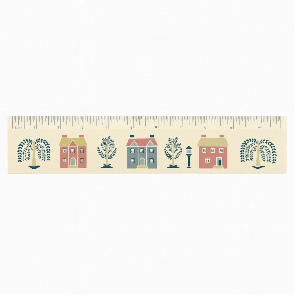 Decorative Wooden Wall Ruler With Folk Art Houses